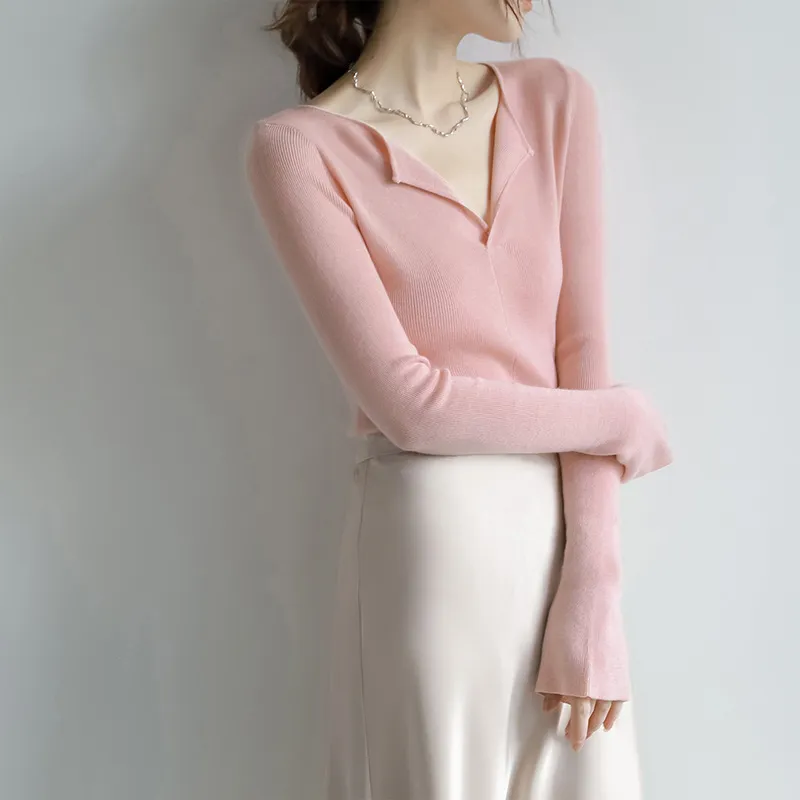 Women's V-Neck Knitted Pullover Top Casual Long Sleeve Solid Color