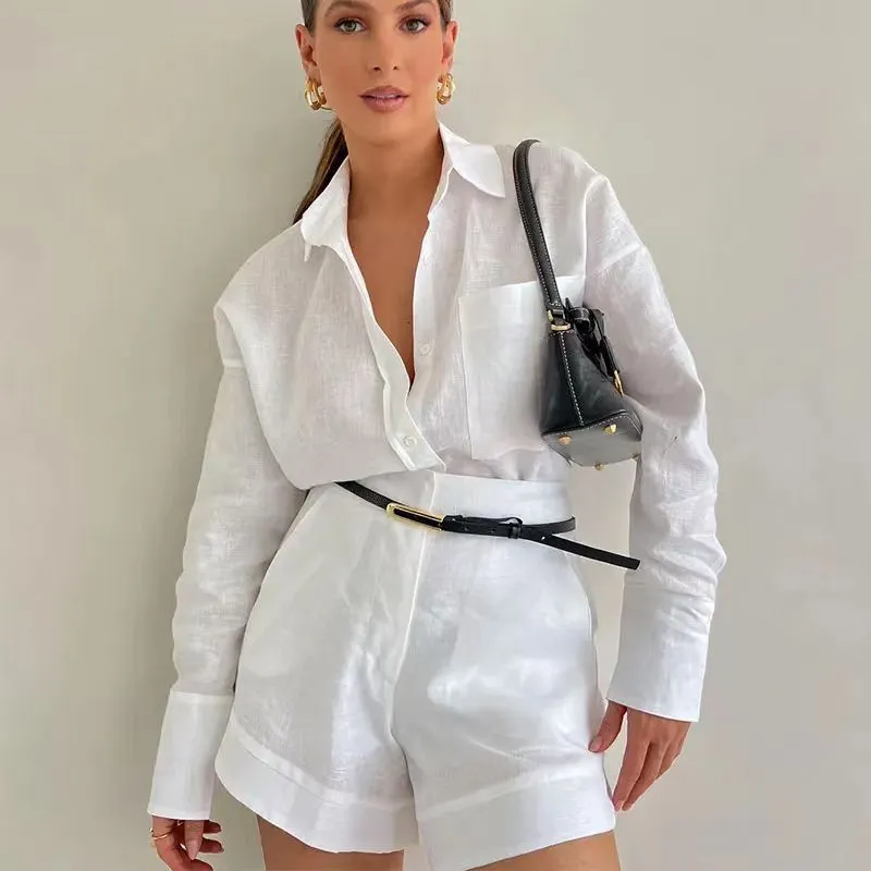 Women Fashion Casual Solid Color Long Sleeve Shirt Top Shorts Two-Piece Set