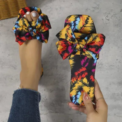 Summer Women Fashion Casual Plus Size Printed Bow Square Toe Flat Slippers