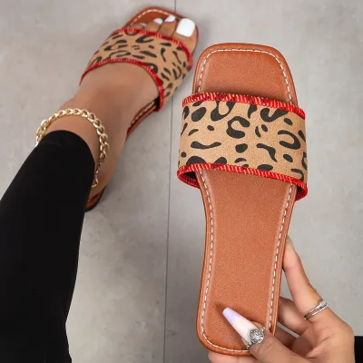 Summer Women Casual Plus Size Leopard Square Toe Flat Slippers