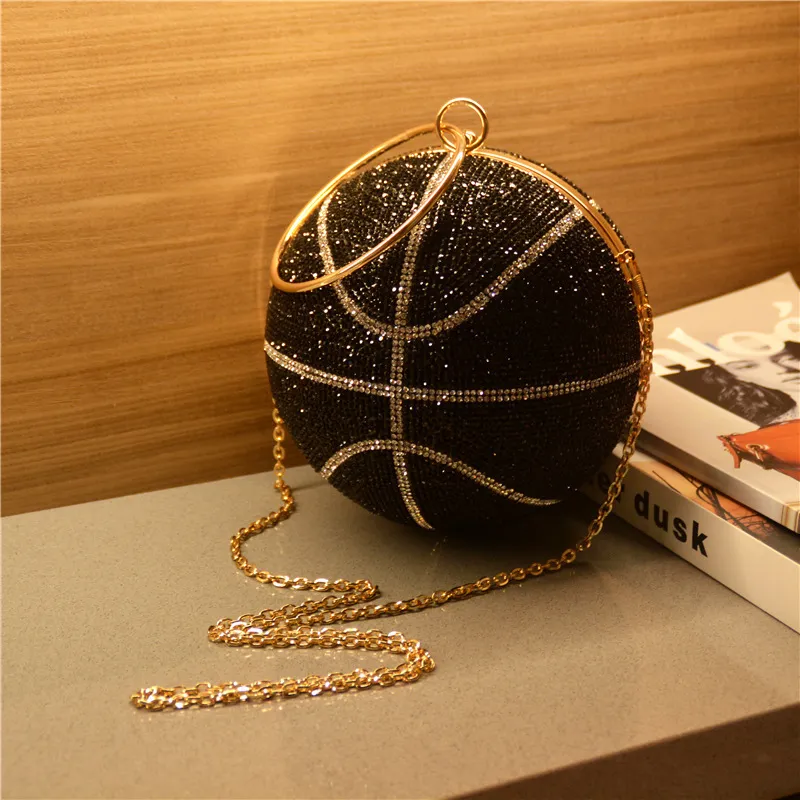 Women Fashion Creative Rhinestone Basketball Shape Ring Handle Chain Evening Bag