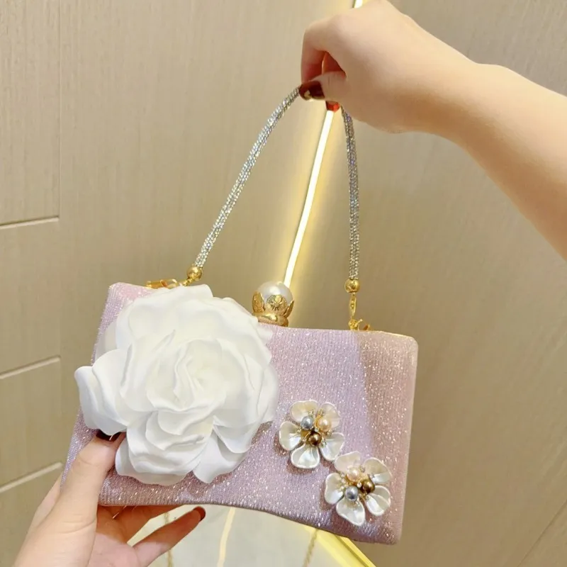 Women Fashion Elegant Three-Dimensional Pearl Floral Square Polyester Evening Bag
