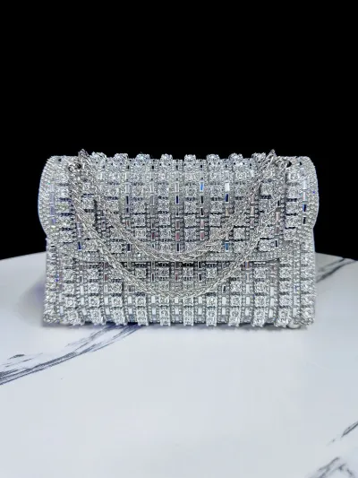 Women Fashionable Rhinestone Square Chain Evening Bag