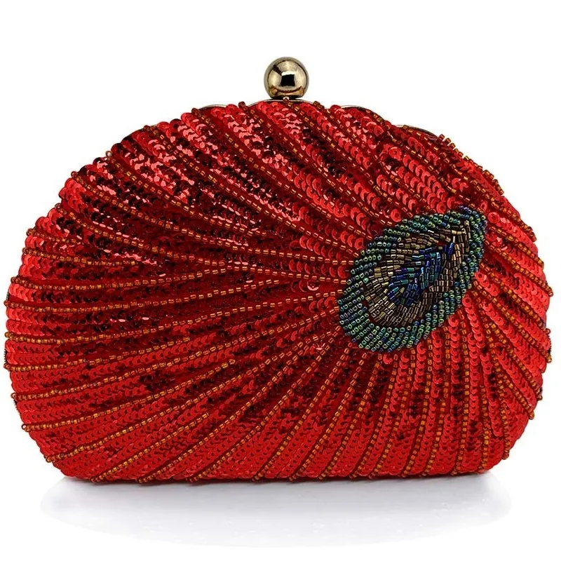 Women Fashion Heavy Crafts Beaded Sequin Evening Bag Polyester Latch Shell