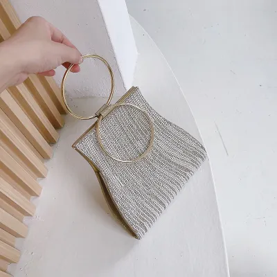 Women's Evening Bag with Tassel Rhinestone Ring Handle - PU Leather Small Square Latch Clutch