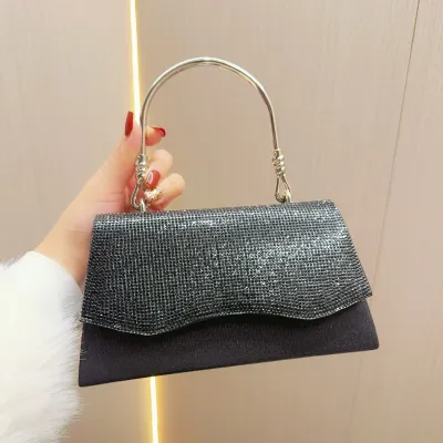 Women Fashion Rhinestone Handle Wave Edge Flap Evening Bag Polyester Urban Simplicity