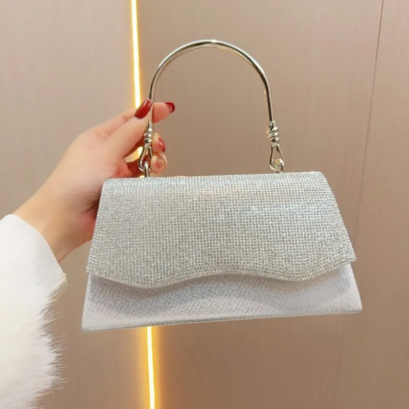 Women Fashion Rhinestone Handle Wave Edge Flap Evening Bag Polyester Urban Simplicity