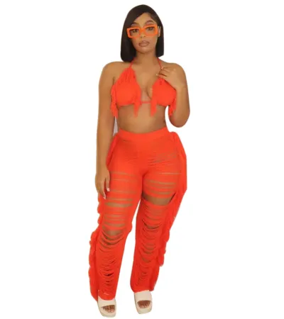 Women Sexy Solid Color Tassel Knit Pants Two-Piece Set