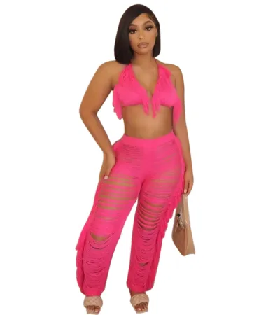 Women Sexy Solid Color Tassel Knit Pants Two-Piece Set