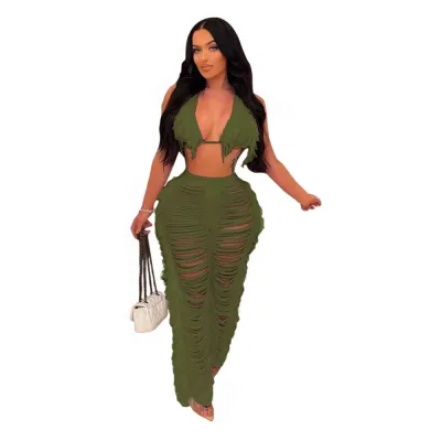 Women Sexy Solid Color Tassel Knit Pants Two-Piece Set