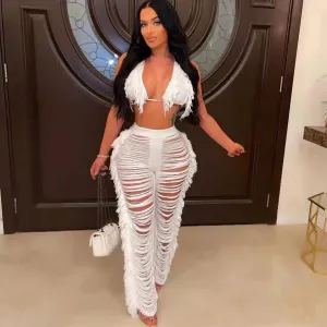 Women Sexy Solid Color Tassel Knit Pants Two-Piece Set