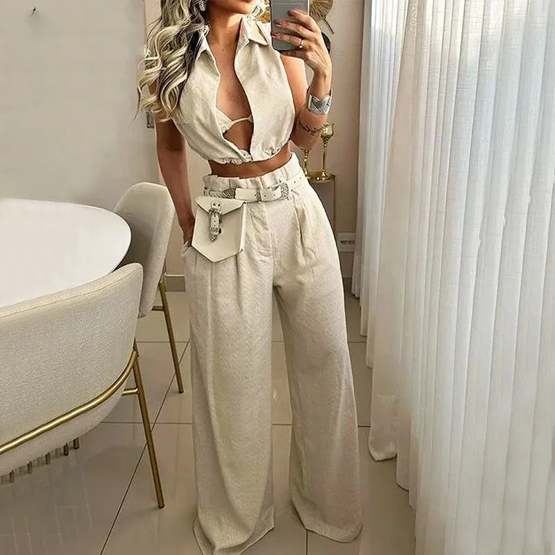 Women Fashion Solid Color Sleeveless Top With Wide Leg Pants Two-Piece Set