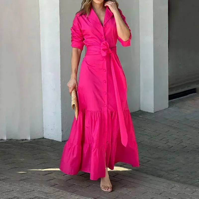 Women Casual Solid Color Single-Breasted Maxi Dress