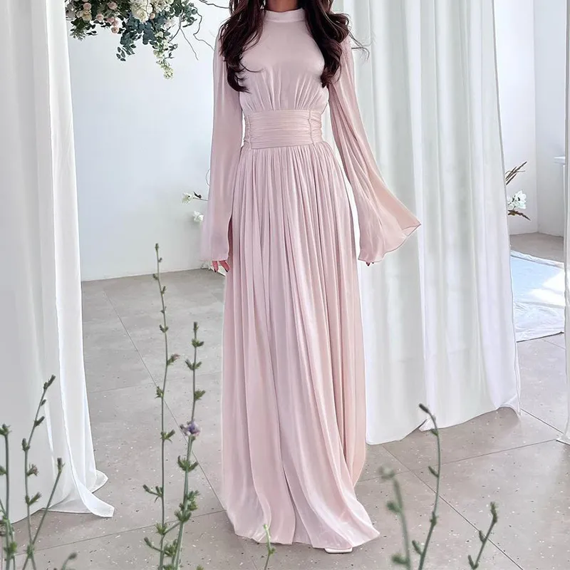 Women Elegant Long Sleeve Solid Color Maxi Dress High Waist Polyester
