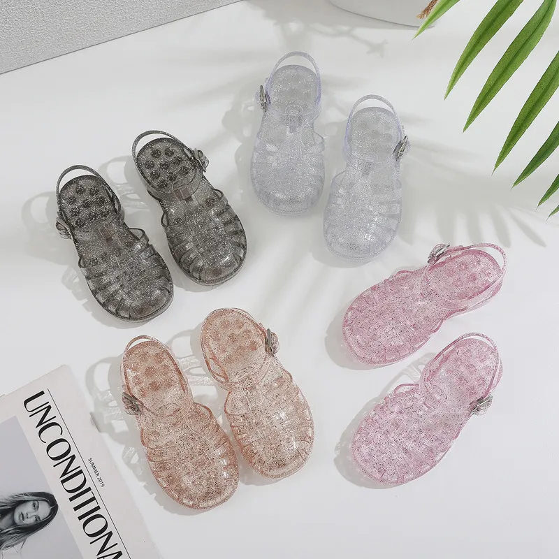 Kids Girls Summer Casual Candy Crystal Transparent Flat Gladiator Sandals Plastic Upper Ethnic Style