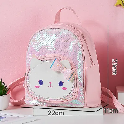 Kids Girls Casual Cute Cartoon Kitten Sequins PU Backpack for Kindergarten