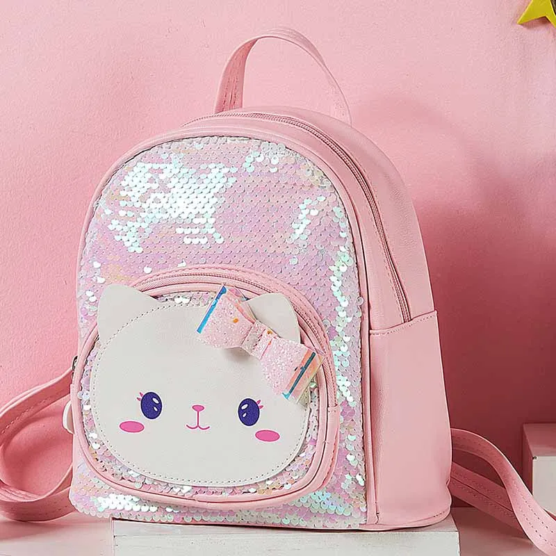 Kids Girls Casual Cute Cartoon Kitten Sequins PU Backpack for Kindergarten