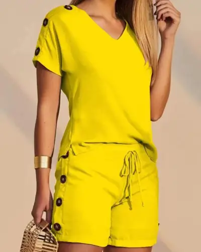 Women Casual Solid Color V-Neck Short Sleeve Top Button Drawstring Shorts Two-Piece Set