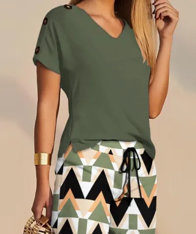 Women Casual Solid Color V-Neck Short Sleeve Top Button Drawstring Shorts Two-Piece Set