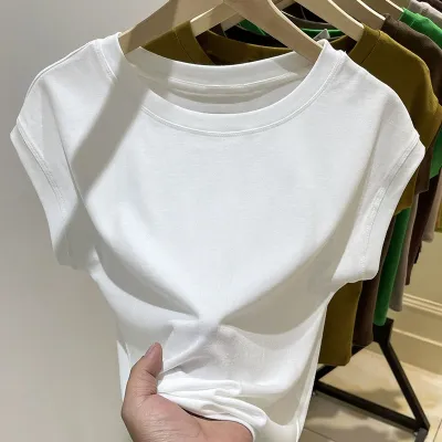 Women's Cap Sleeve Loose Short-Sleeved Summer Slim-Fit Basic Crew Neck Spandex T-Shirt