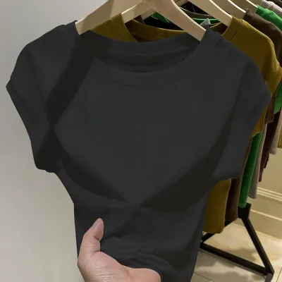 Women's Cap Sleeve Loose Short-Sleeved Summer Slim-Fit Basic Crew Neck Spandex T-Shirt