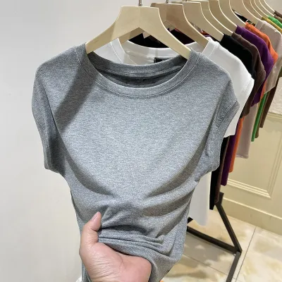 Women's Cap Sleeve Loose Short-Sleeved Summer Slim-Fit Basic Crew Neck Spandex T-Shirt