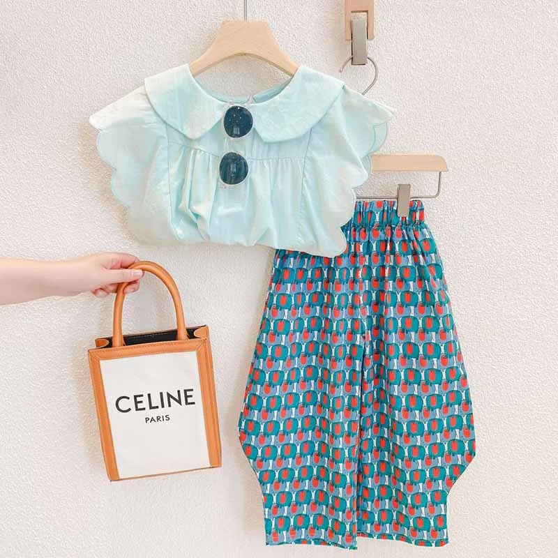 Kids Toddler Girls Fashion Casual Sleeveless Lapel T-Shirt and Print Wide Leg Trousers Set