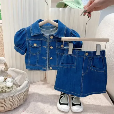 Kids Toddler Girls Fashion Casual Denim Short Sleeve Lapel Jacket Skirt Set