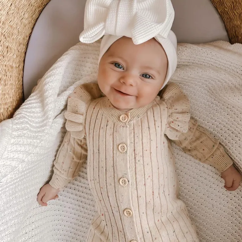 Kids Baby Boys Girls Spring Autumn Casual Cute Rib-Knit Long Sleeve Pullover Romper 0-3T