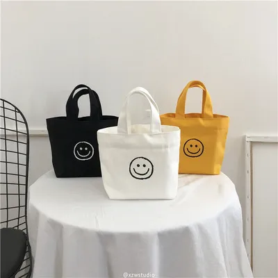 Simple Solid Color Smiley Print Canvas Shopping Bag Tote