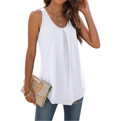 Summer Solid Color Round Neck Women Casual Loose Fit Tank Top