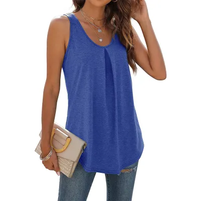 Summer Solid Color Round Neck Women Casual Loose Fit Tank Top
