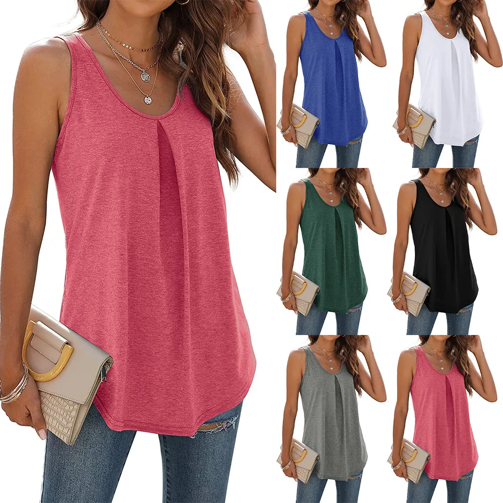 Summer Solid Color Round Neck Women Casual Loose Fit Tank Top