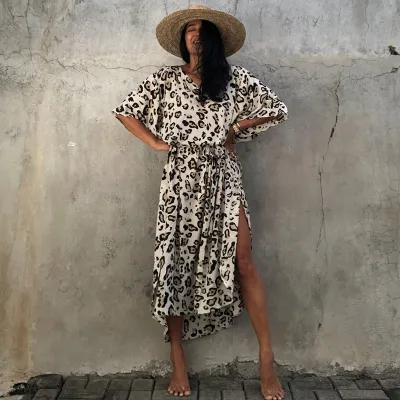 Leopard Print Long Cardigan Loose Large Size Beach Sun Protection Blouse Swimwear Cover-Up