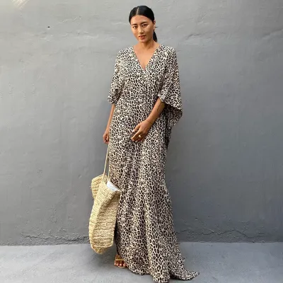 Leopard Print Long Cardigan Loose Large Size Beach Sun Protection Blouse Swimwear Cover-Up