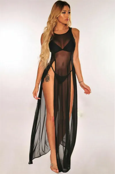 Sexy Summer Vacation Women Side Slit Solid Color Maxi Dress Coverup