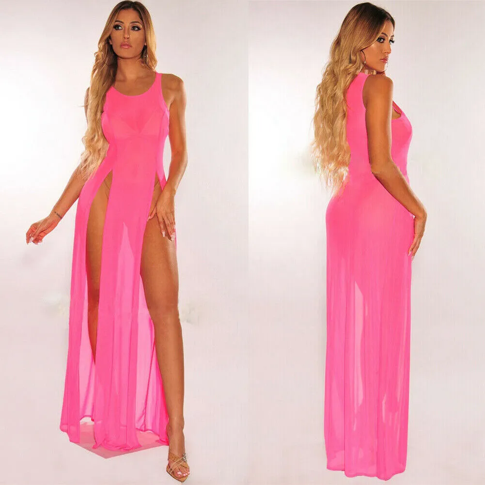 Sexy Summer Vacation Women Side Slit Solid Color Maxi Dress Coverup