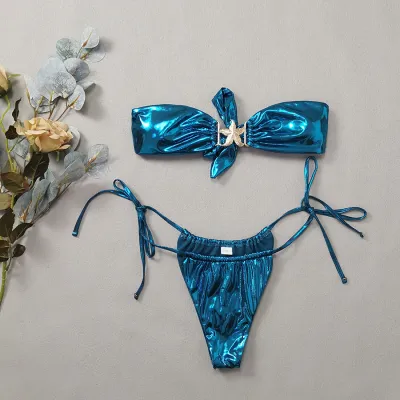 Summer Women Sexy Strapless Bikini Blue Glitzy Gold Starfish Swimsuit