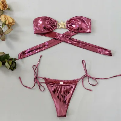 Summer Women Sexy Strapless Bikini Blue Glitzy Gold Starfish Swimsuit