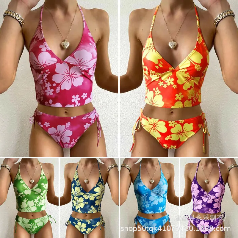 Women Sexy Floral Printed High Waist Bikini Halter Neck Swimwear