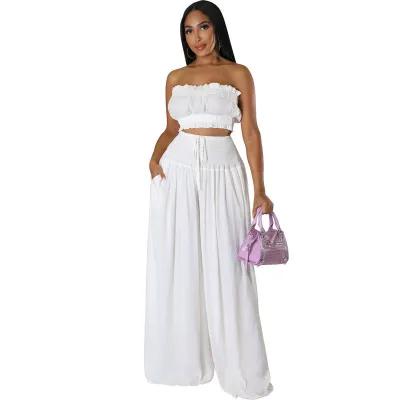 Women's Solid Color Sleeveless Tube Top Wide Leg Pants Set - Commuter Wind Summer Vacation Wear