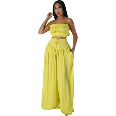 Women's Solid Color Sleeveless Tube Top Wide Leg Pants Set - Commuter Wind Summer Vacation Wear