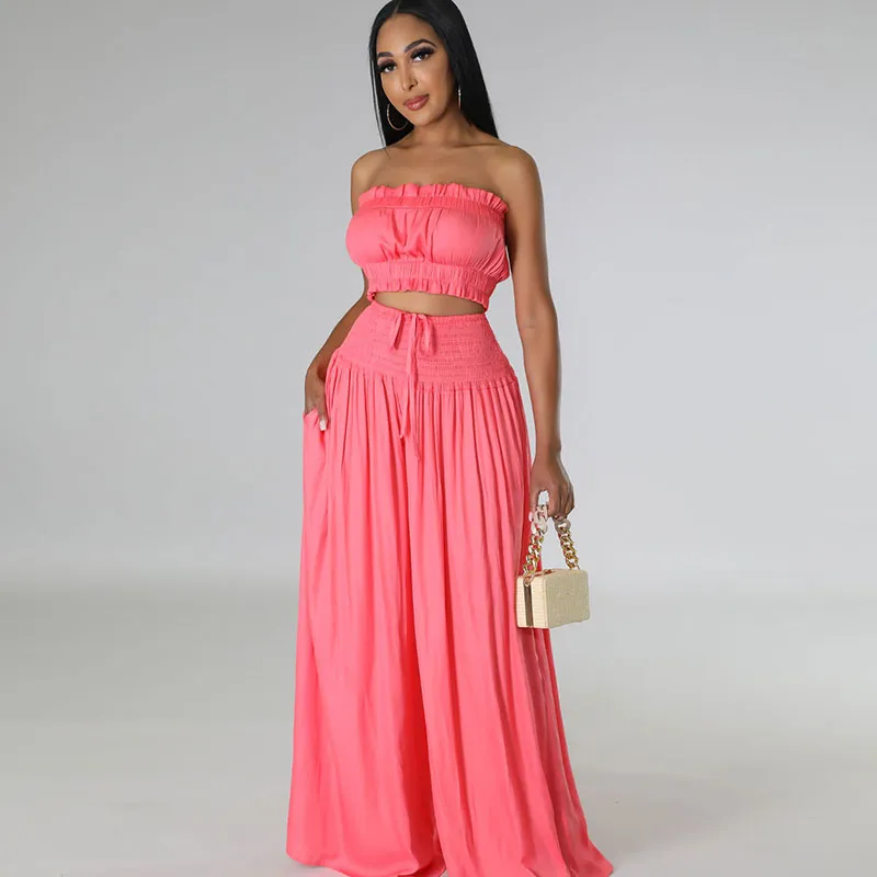 Women's Solid Color Sleeveless Tube Top Wide Leg Pants Set - Commuter Wind Summer Vacation Wear