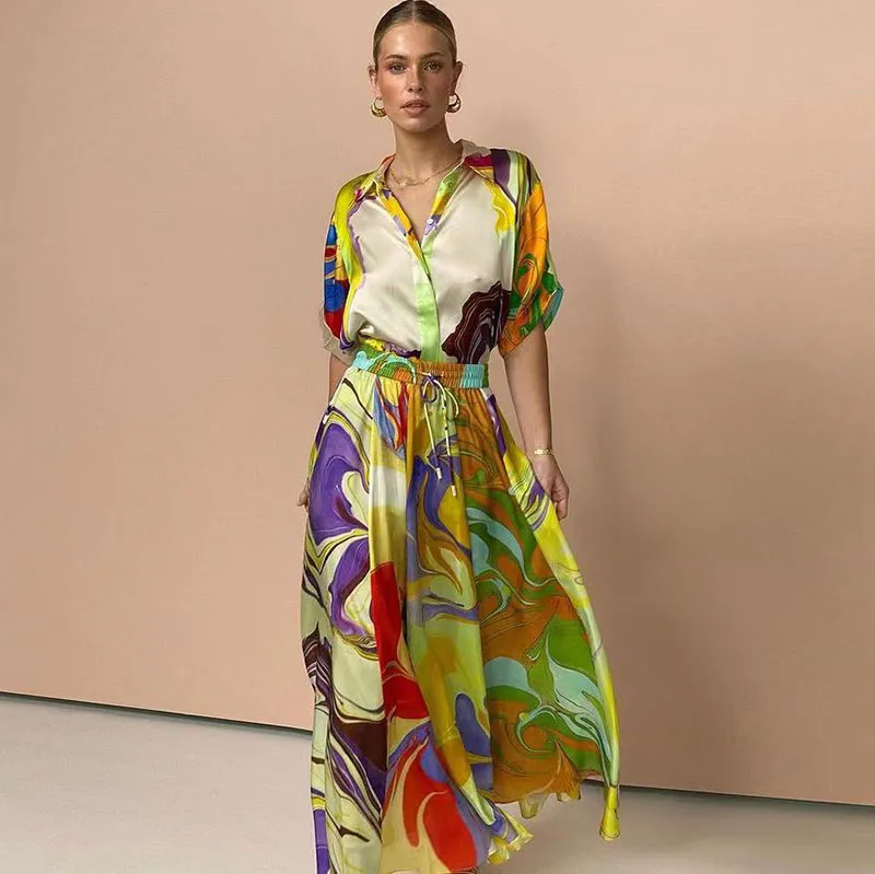 Eleant Women Casual Lapel Shirt Blouse Long Skirt Set with Geometric Print