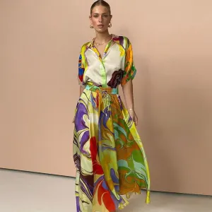 Eleant Women Casual Lapel Shirt Blouse Long Skirt Set with Geometric Print