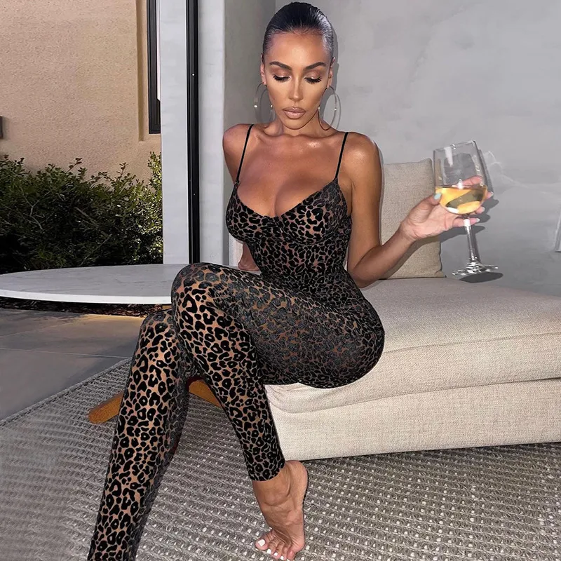 Women Fashion Sexy Low-Cut See-Through Mesh Slim-Fit Leopard Jumpsuits