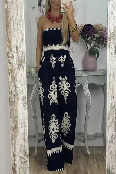 Boho Style Women Summer Graphic Printed Tube Jumpsuits