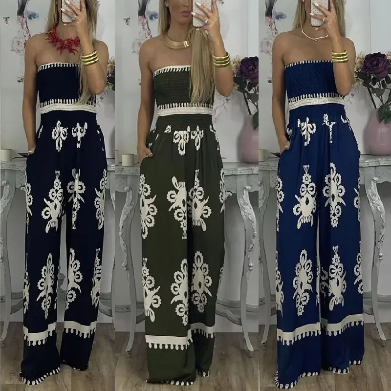 Boho Style Women Summer Graphic Printed Tube Jumpsuits