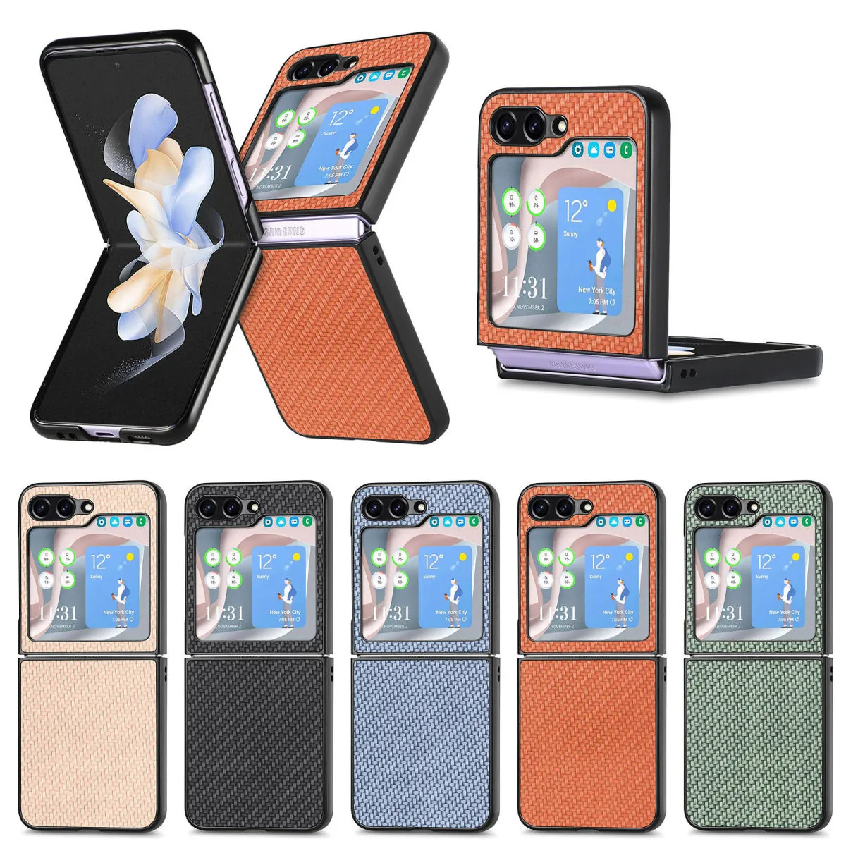 Samsung Z Flip5 Carbon Fiber Pattern PC Leather Creative Folding Screen Anti-Fall Protective Case