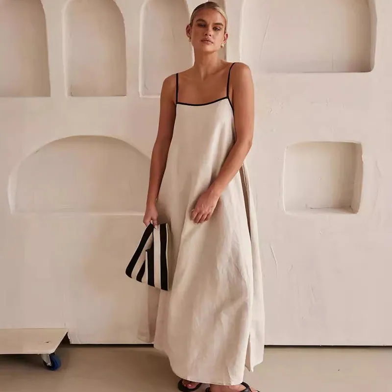Women Casual Maxi Dress with Contrast Color Cotton Linen Swing Design